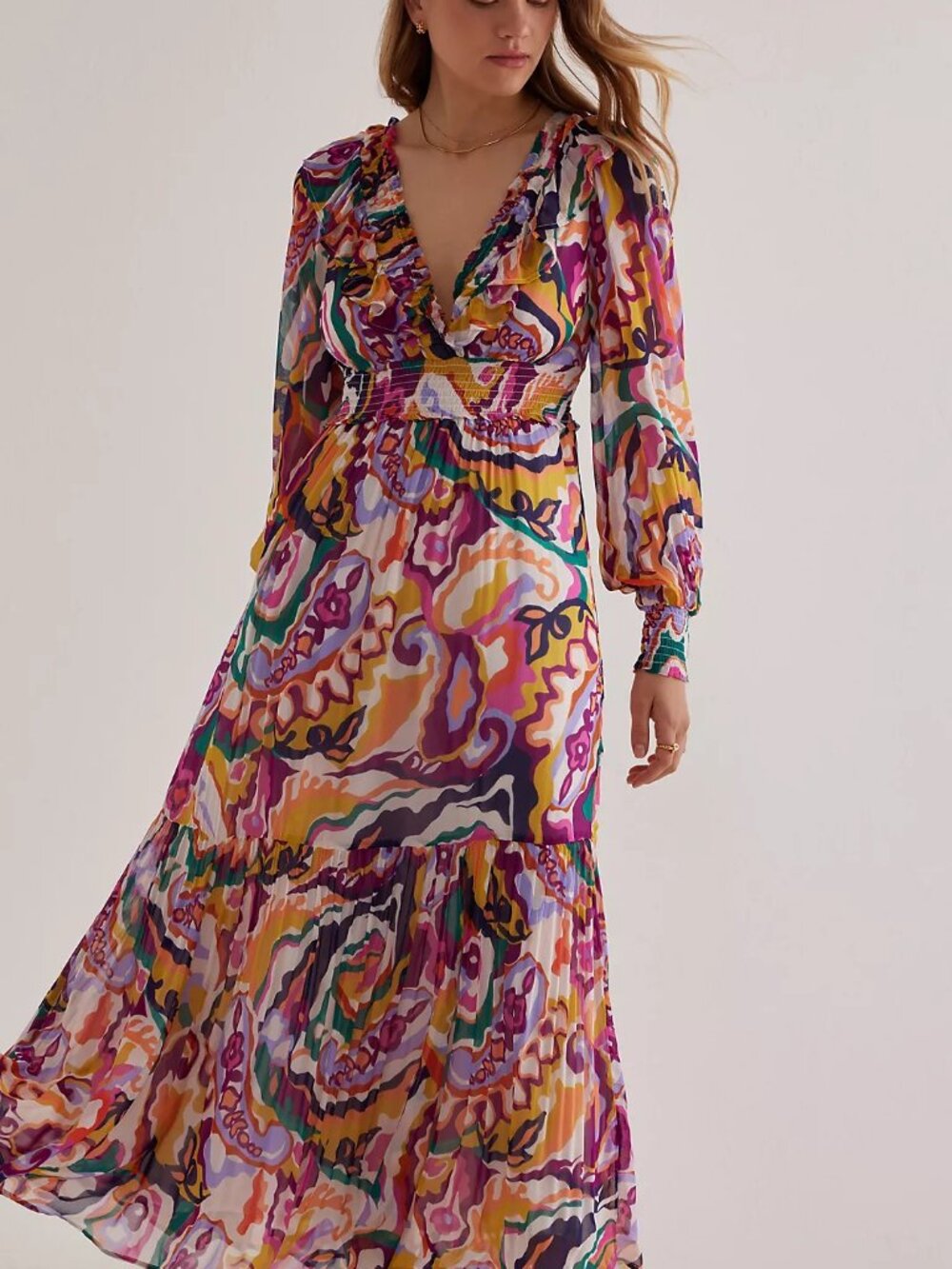 Anthropologie Multicolor Abstract Maxi Dress in Purple, Yellow & Pink